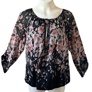 ROZ & ALI Top Floral Border Bubble Hem Black Blush Mint Dressbarn Plus Size 1X